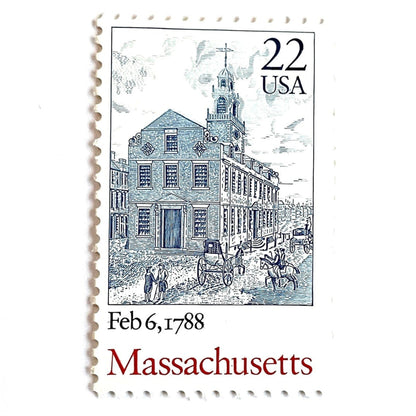 Image of Massachusetts Statehood postage stamp from the 1988 Bicentenary Statehood series, featuring Boston’s historic Old State House on vintage unused 22-cent USPS postage, Scott 2341.