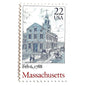 Image of Massachusetts Statehood postage stamp from the 1988 Bicentenary Statehood series, featuring Boston’s historic Old State House on vintage unused 22-cent USPS postage, Scott 2341.