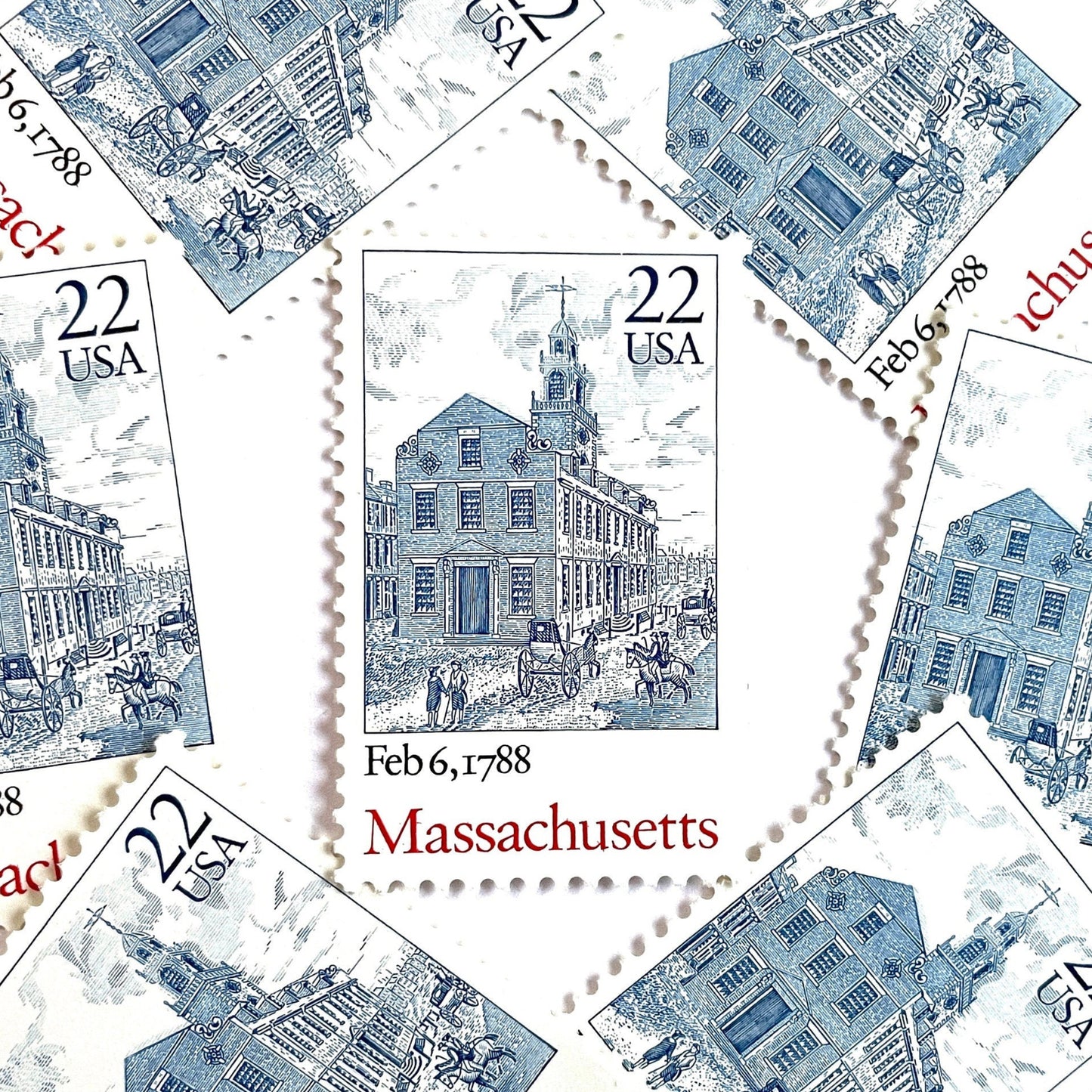 Image of Massachusetts Statehood postage stamps from the 1988 Bicentenary Statehood series, featuring Boston’s historic Old State House on vintage unused 22-cent USPS postage, Scott 2341.