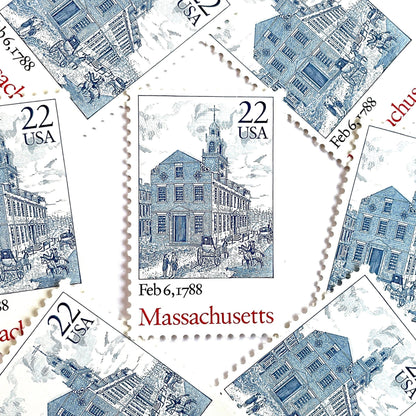 Image of Massachusetts Statehood postage stamps from the 1988 Bicentenary Statehood series, featuring Boston’s historic Old State House on vintage unused 22-cent USPS postage, Scott 2341.