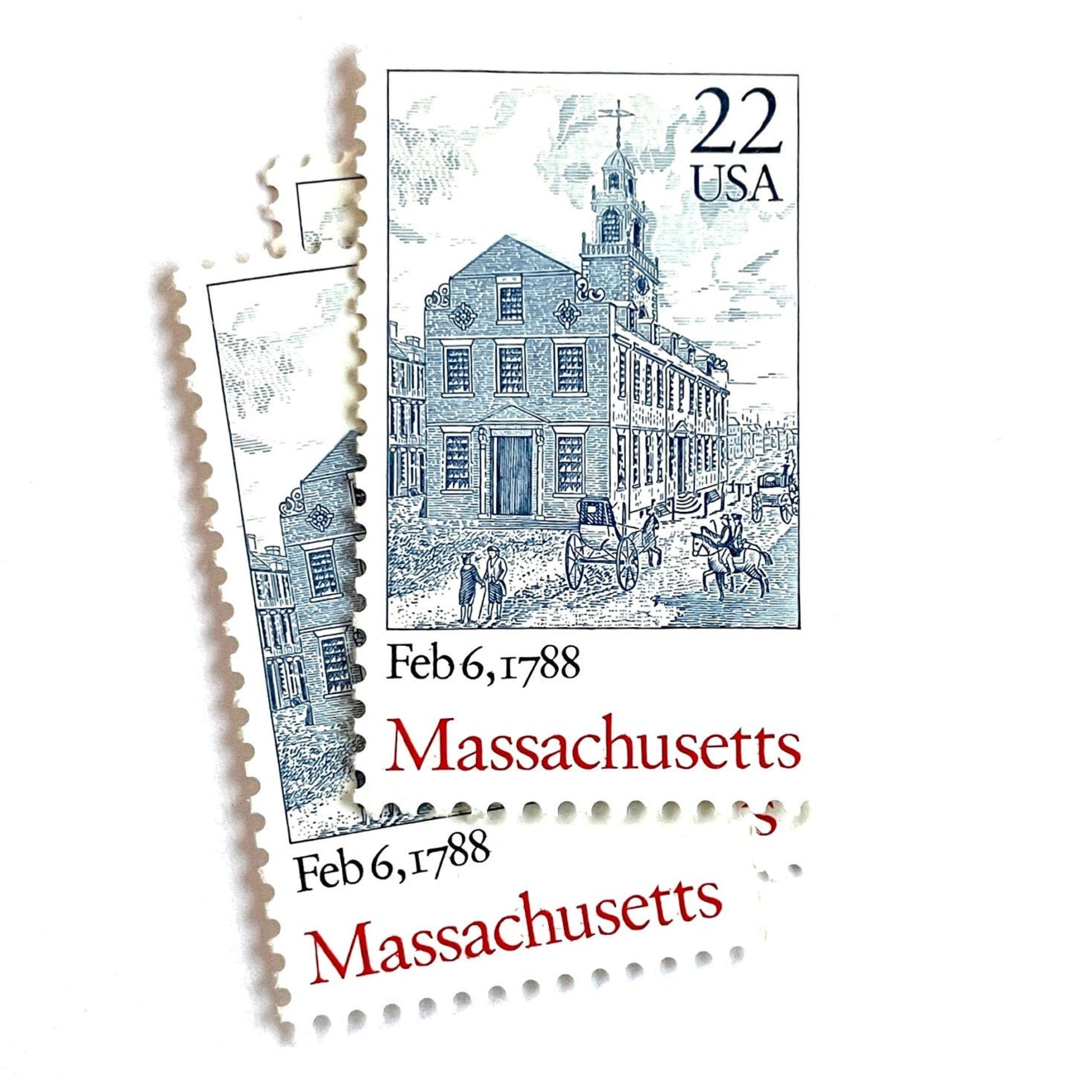 Image of Massachusetts Statehood postage stamps from the 1988 Bicentenary Statehood series, featuring Boston’s historic Old State House on vintage unused 22-cent USPS postage, Scott 2341.
