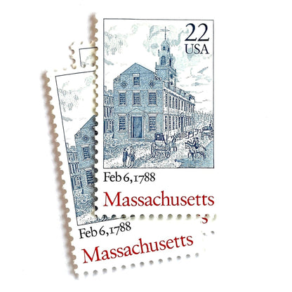 Image of Massachusetts Statehood postage stamps from the 1988 Bicentenary Statehood series, featuring Boston’s historic Old State House on vintage unused 22-cent USPS postage, Scott 2341.