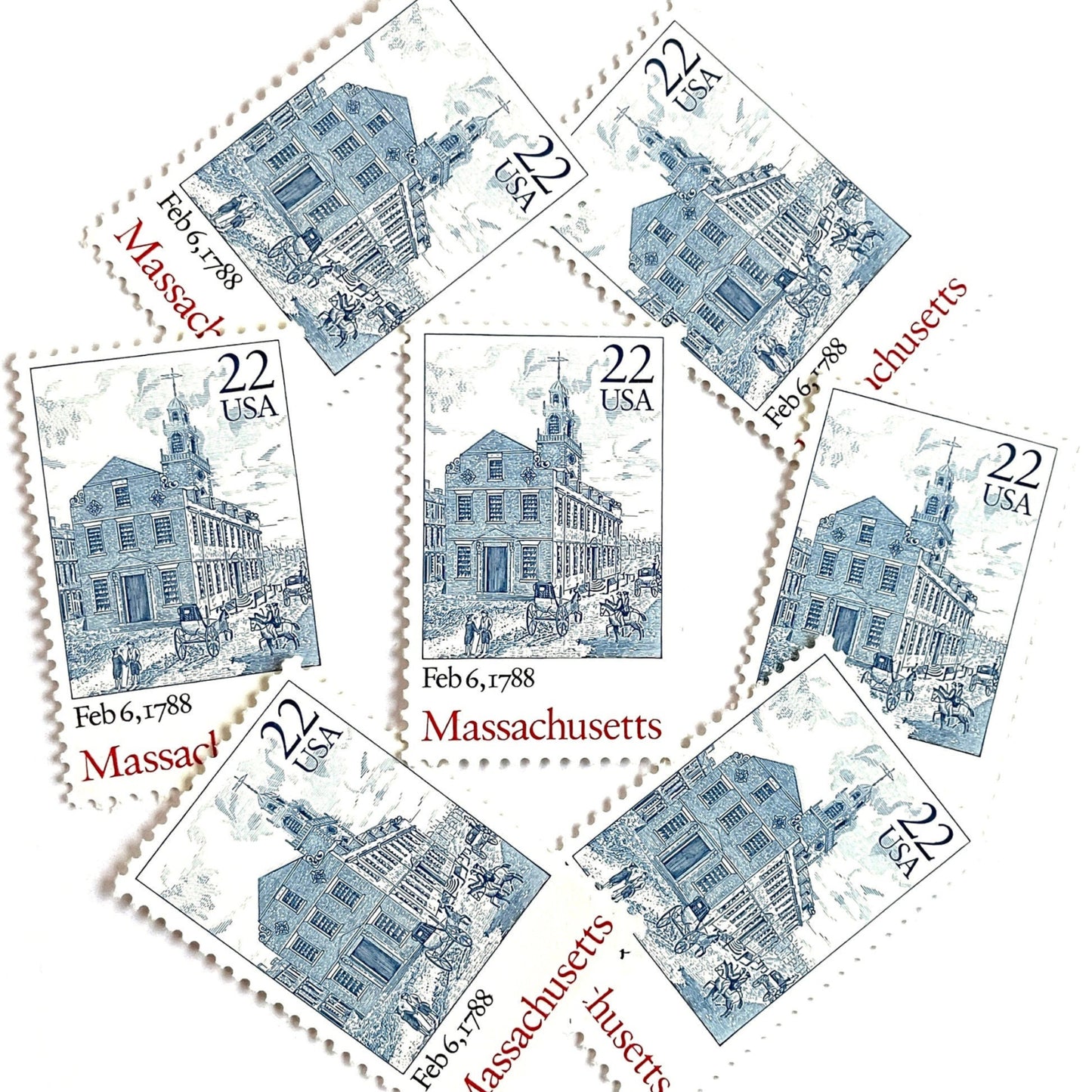 Image of Massachusetts Statehood postage stamps from the 1988 Bicentenary Statehood series, featuring Boston’s historic Old State House on vintage unused 22-cent USPS postage, Scott 2341.