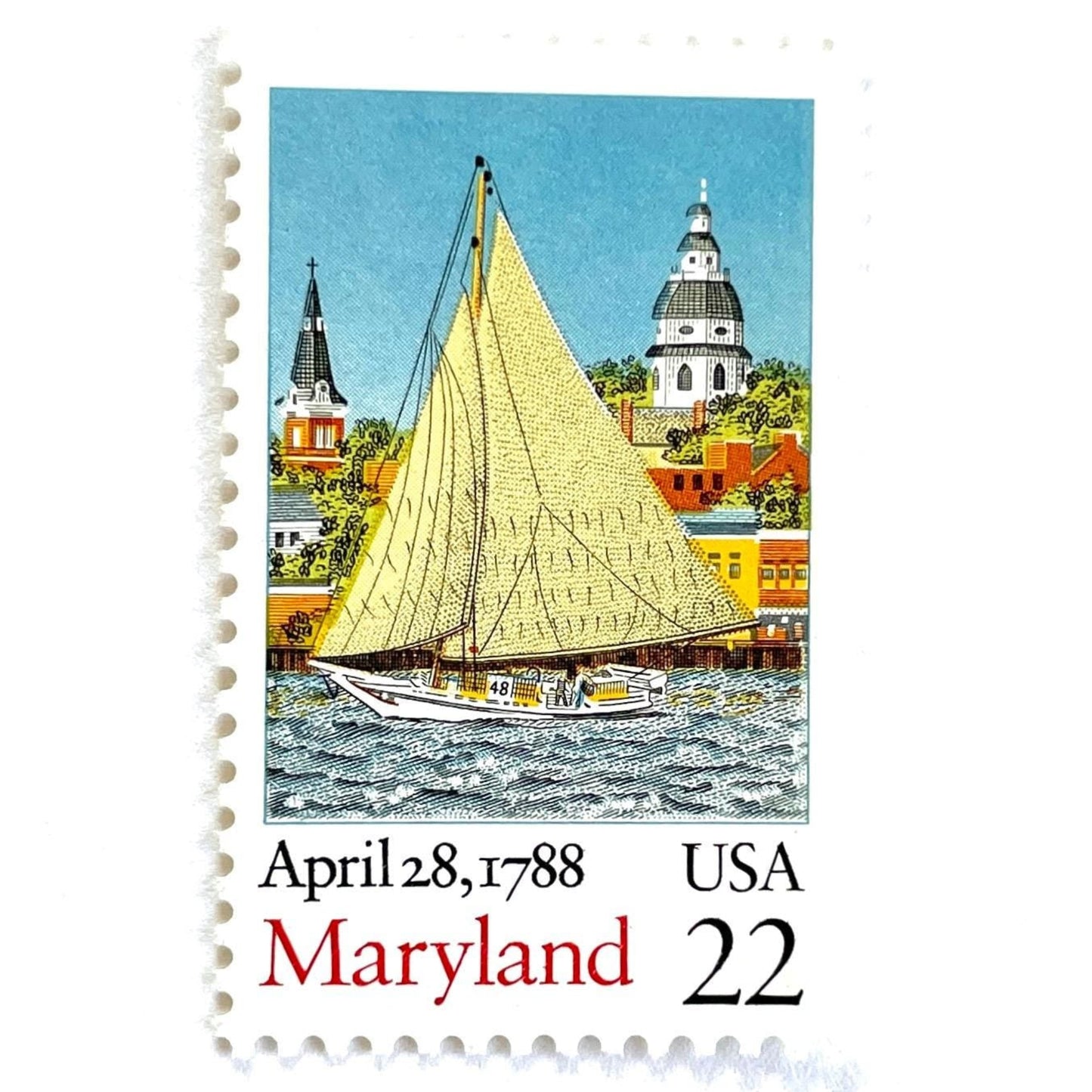 Image of Maryland Statehood postage stamps from the 1988 Bicentenary Statehood series, featuring the State House, a skipjack sailing on Chesapeake Bay in Annapolis and other historic Maryland statehood imagery on vintage unused 22-cent USPS postage, Scott 2342.