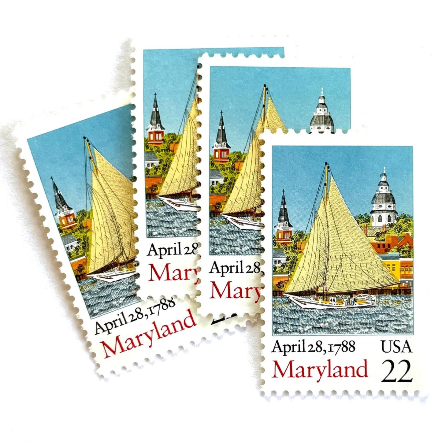 Image of Maryland Statehood postage stamps from the 1988 Bicentenary Statehood series, featuring the State House, a skipjack sailing on Chesapeake Bay in Annapolis and other historic Maryland statehood imagery on vintage unused 22-cent USPS postage, Scott 2342.