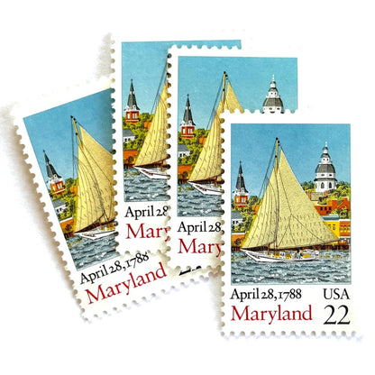 Image of Maryland Statehood postage stamps from the 1988 Bicentenary Statehood series, featuring the State House, a skipjack sailing on Chesapeake Bay in Annapolis and other historic Maryland statehood imagery on vintage unused 22-cent USPS postage, Scott 2342.