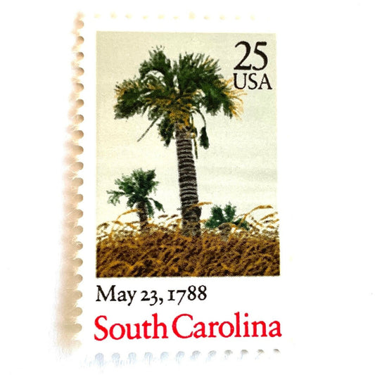 Image of South Carolina Statehood postage stamps from the 1988 Bicentenary Statehood series, featuring green palmetto trees and sea oats on vintage unused 25-cent USPS postage, Scott 2343.
