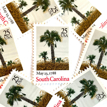 Image of South Carolina Statehood postage stamps from the 1988 Bicentenary Statehood series, featuring green palmetto trees and sea oats on vintage unused 25-cent USPS postage, Scott 2343.