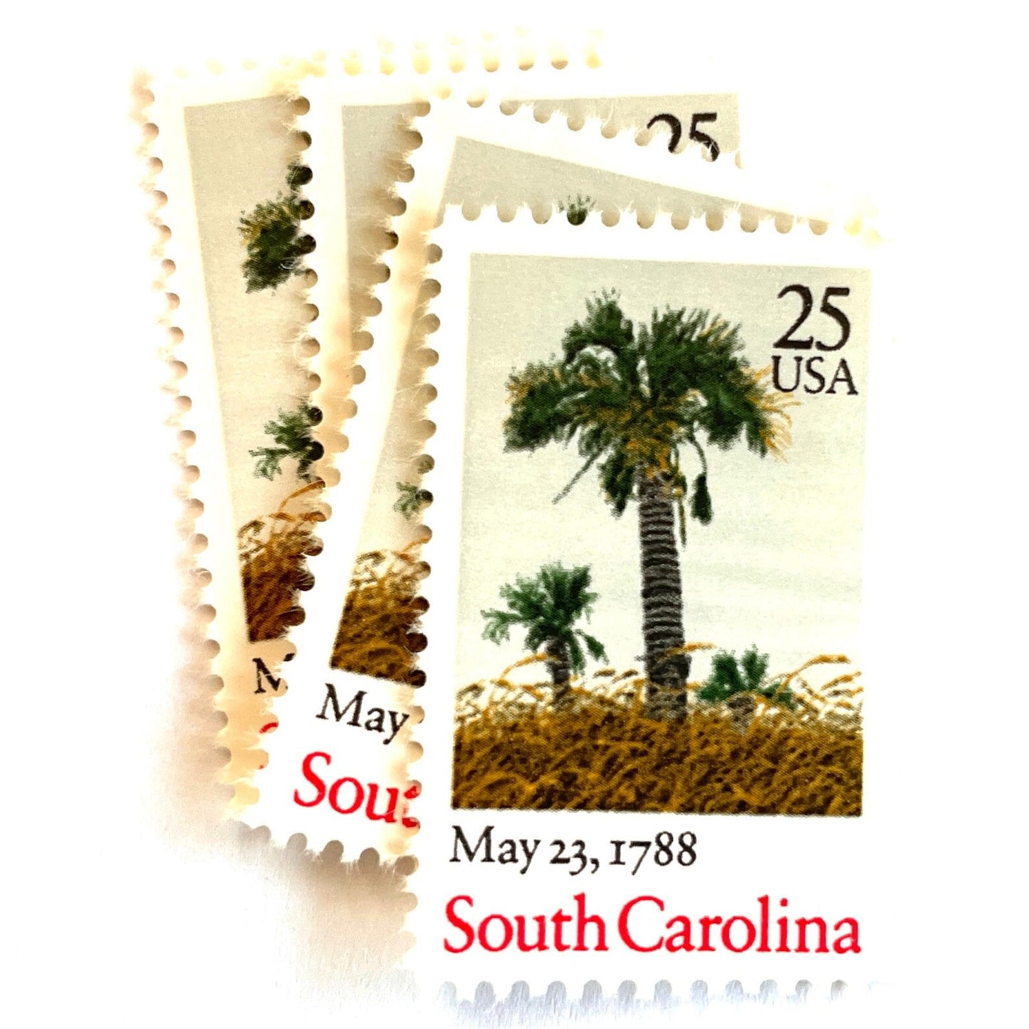 Image of South Carolina Statehood postage stamps from the 1988 Bicentenary Statehood series, featuring green palmetto trees and sea oats on vintage unused 25-cent USPS postage, Scott 2343.