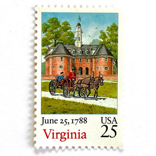 Image of Virginia Statehood postage stamp from the 1988 Bicentenary Statehood series, featuring a horse-drawn carriage before the Williamsburg Capitol on vintage unused 25-cent USPS postage, Scott 2345.