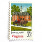 Image of Virginia Statehood postage stamp from the 1988 Bicentenary Statehood series, featuring a horse-drawn carriage before the Williamsburg Capitol on vintage unused 25-cent USPS postage, Scott 2345.
