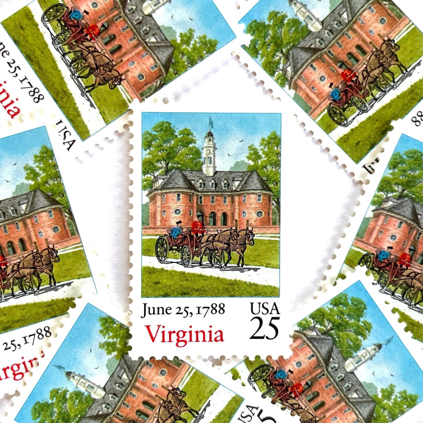 Image of Virginia Statehood postage stamps from the 1988 Bicentenary Statehood series, featuring a horse-drawn carriage before the Williamsburg Capitol on vintage unused 25-cent USPS postage, Scott 2345.