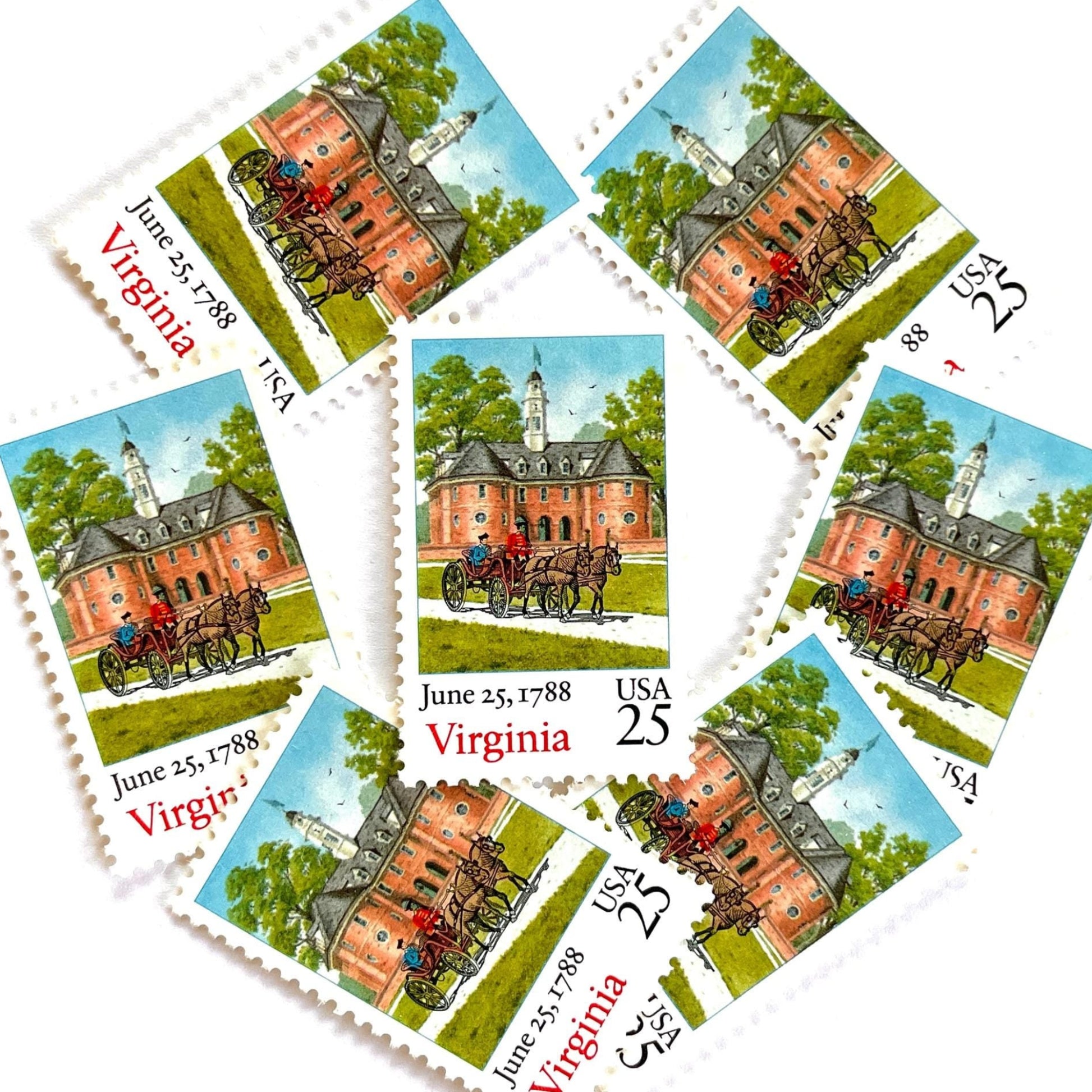 Image of Virginia Statehood postage stamps from the 1988 Bicentenary Statehood series, featuring a horse-drawn carriage before the Williamsburg Capitol on vintage unused 25-cent USPS postage, Scott 2345.