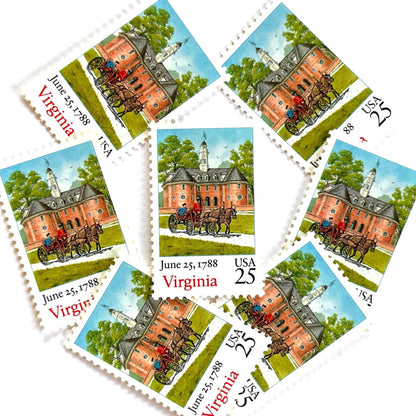 Image of Virginia Statehood postage stamps from the 1988 Bicentenary Statehood series, featuring a horse-drawn carriage before the Williamsburg Capitol on vintage unused 25-cent USPS postage, Scott 2345.