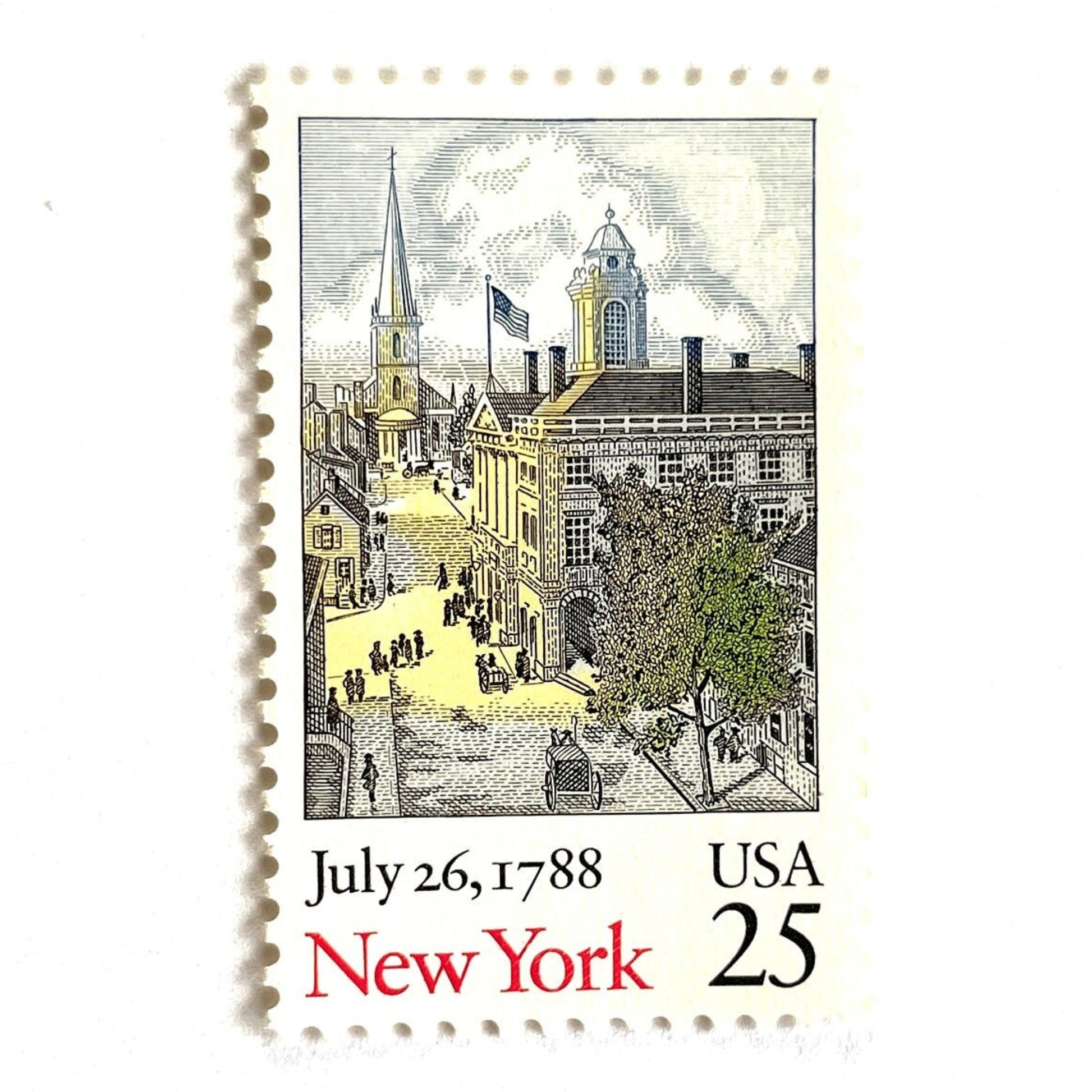Image of 1988 Bicentenary Statehood “New York” 25-cent mail stamps. Scott #2346. Stamp Themes: New York City, NYC, NYC's Federal Hall and Trinity Church, New York State, 200th Statehood Anniversary, Bicentenary Statehood. Multicolored postage stamp.