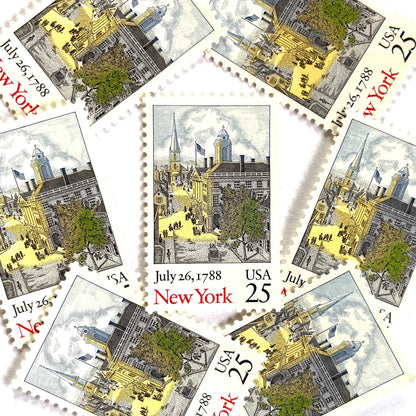 Image of 1988 Bicentenary Statehood “New York” 25-cent mail stamps. Scott #2346. Stamp Themes: New York City, NYC, NYC's Federal Hall and Trinity Church, New York State, 200th Statehood Anniversary, Bicentenary Statehood. Multicolored postage stamp.