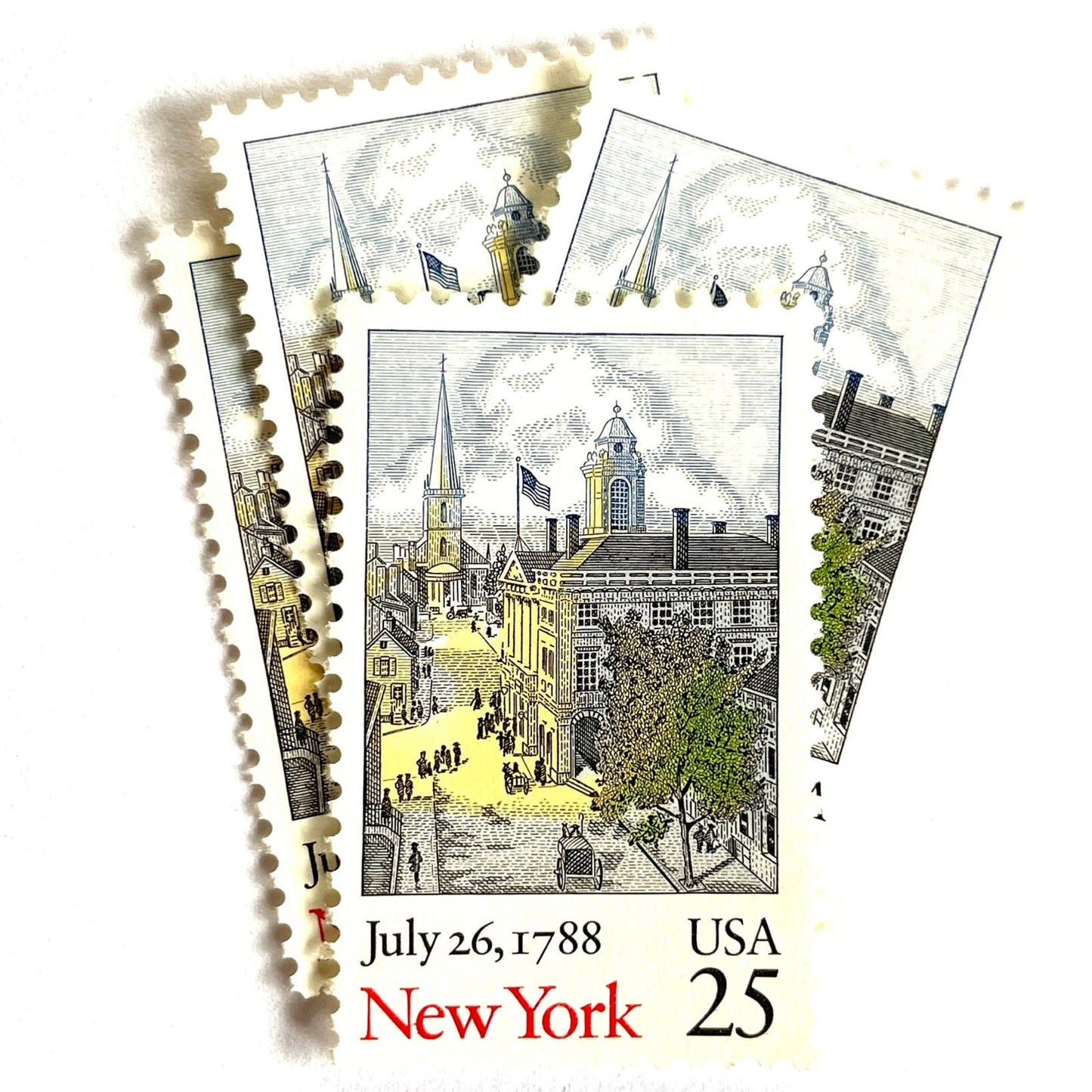 Image of 1988 Bicentenary Statehood “New York” 25-cent mail stamps. Scott #2346. Stamp Themes: New York City, NYC, NYC's Federal Hall and Trinity Church, New York State, 200th Statehood Anniversary, Bicentenary Statehood. Multicolored postage stamp.
