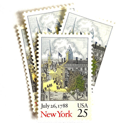 Image of 1988 Bicentenary Statehood “New York” 25-cent mail stamps. Scott #2346. Stamp Themes: New York City, NYC, NYC's Federal Hall and Trinity Church, New York State, 200th Statehood Anniversary, Bicentenary Statehood. Multicolored postage stamp.