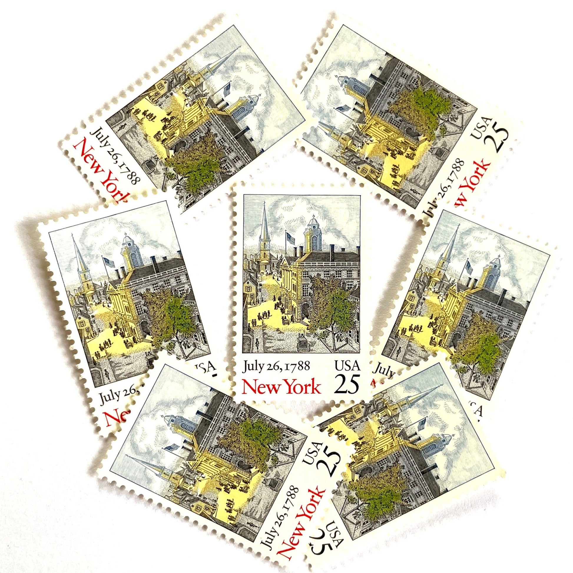 Image of 1988 Bicentenary Statehood “New York” 25-cent mail stamps. Scott #2346. Stamp Themes: New York City, NYC, NYC's Federal Hall and Trinity Church, New York State, 200th Statehood Anniversary, Bicentenary Statehood. Multicolored postage stamp.