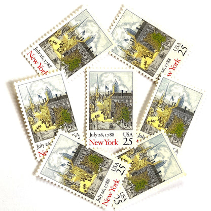 Image of 1988 Bicentenary Statehood “New York” 25-cent mail stamps. Scott #2346. Stamp Themes: New York City, NYC, NYC's Federal Hall and Trinity Church, New York State, 200th Statehood Anniversary, Bicentenary Statehood. Multicolored postage stamp.