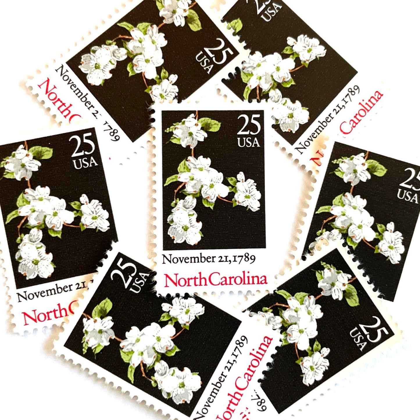 Image of North Carolina Statehood postage stamps from the 1989 Bicentenary Statehood series, featuring white dogwood flowers on a black background on vintage unused 25-cent USPS postage, Scott 2347.
