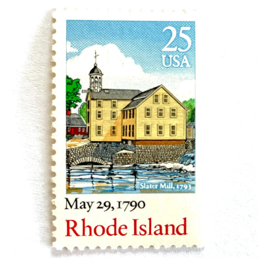 Image of Rhode Island Statehood postage stamps from the 1990 Bicentenary Statehood series, featuring historic Slater Mill in Pawtucket on vintage unused 25-cent USPS postage, Scott 2348.