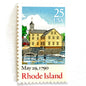 Image of Rhode Island Statehood postage stamps from the 1990 Bicentenary Statehood series, featuring historic Slater Mill in Pawtucket on vintage unused 25-cent USPS postage, Scott 2348.