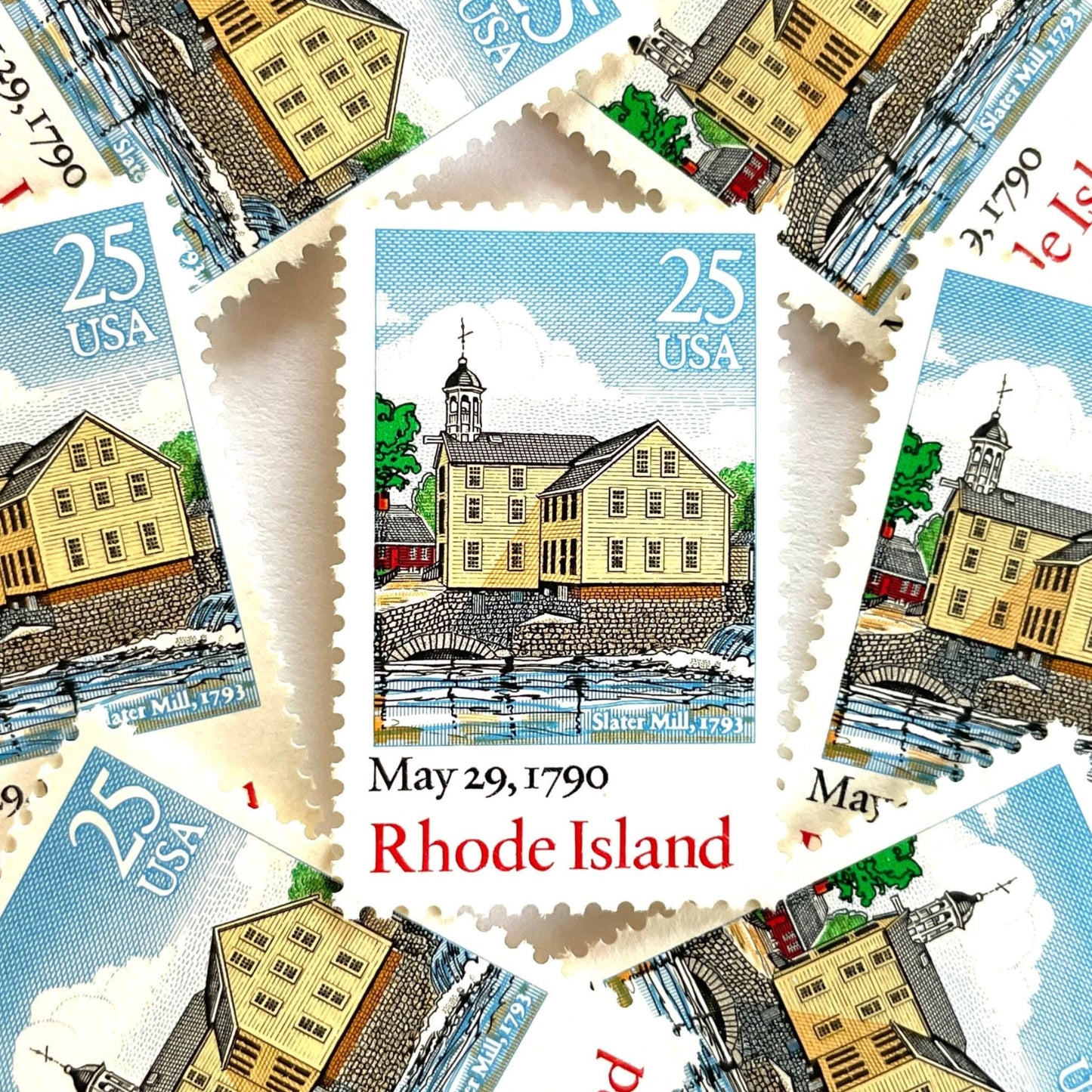 Image of Rhode Island Statehood postage stamps from the 1990 Bicentenary Statehood series, featuring historic Slater Mill in Pawtucket on vintage unused 25-cent USPS postage, Scott 2348.