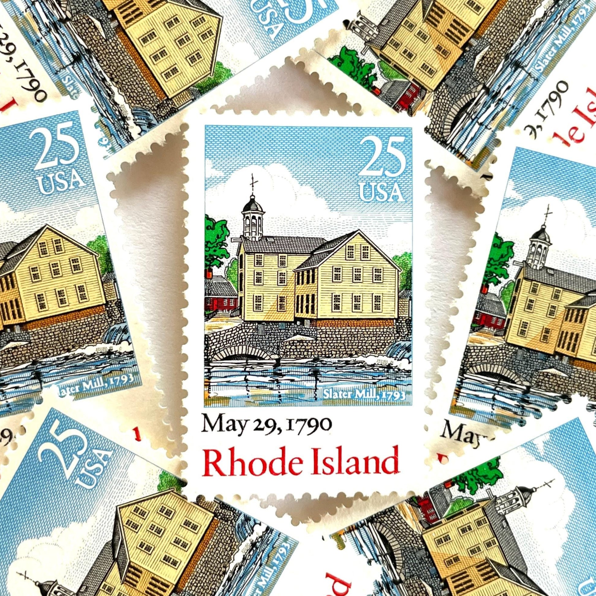 Image of Rhode Island Statehood postage stamps from the 1990 Bicentenary Statehood series, featuring historic Slater Mill in Pawtucket on vintage unused 25-cent USPS postage, Scott 2348.