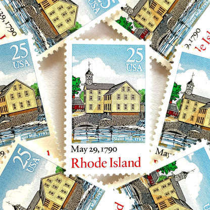 Image of Rhode Island Statehood postage stamps from the 1990 Bicentenary Statehood series, featuring historic Slater Mill in Pawtucket on vintage unused 25-cent USPS postage, Scott 2348.