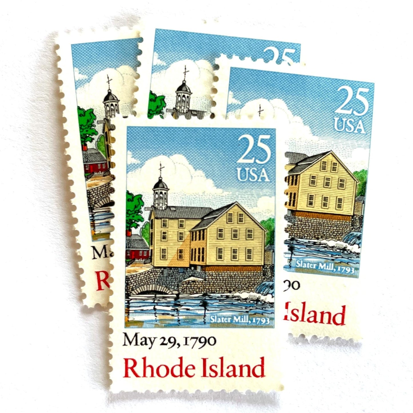 Image of Rhode Island Statehood postage stamps from the 1990 Bicentenary Statehood series, featuring historic Slater Mill in Pawtucket on vintage unused 25-cent USPS postage, Scott 2348.