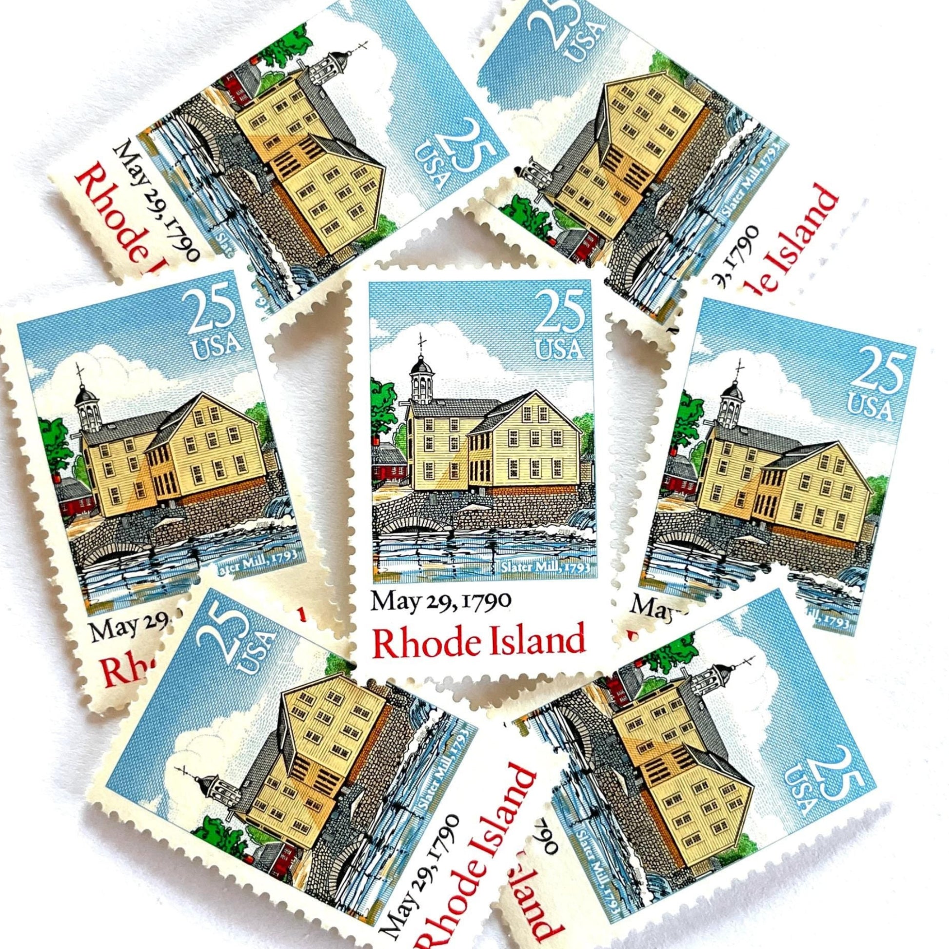 Image of Rhode Island Statehood postage stamps from the 1990 Bicentenary Statehood series, featuring historic Slater Mill in Pawtucket on vintage unused 25-cent USPS postage, Scott 2348.
