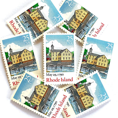 Image of Rhode Island Statehood postage stamps from the 1990 Bicentenary Statehood series, featuring historic Slater Mill in Pawtucket on vintage unused 25-cent USPS postage, Scott 2348.
