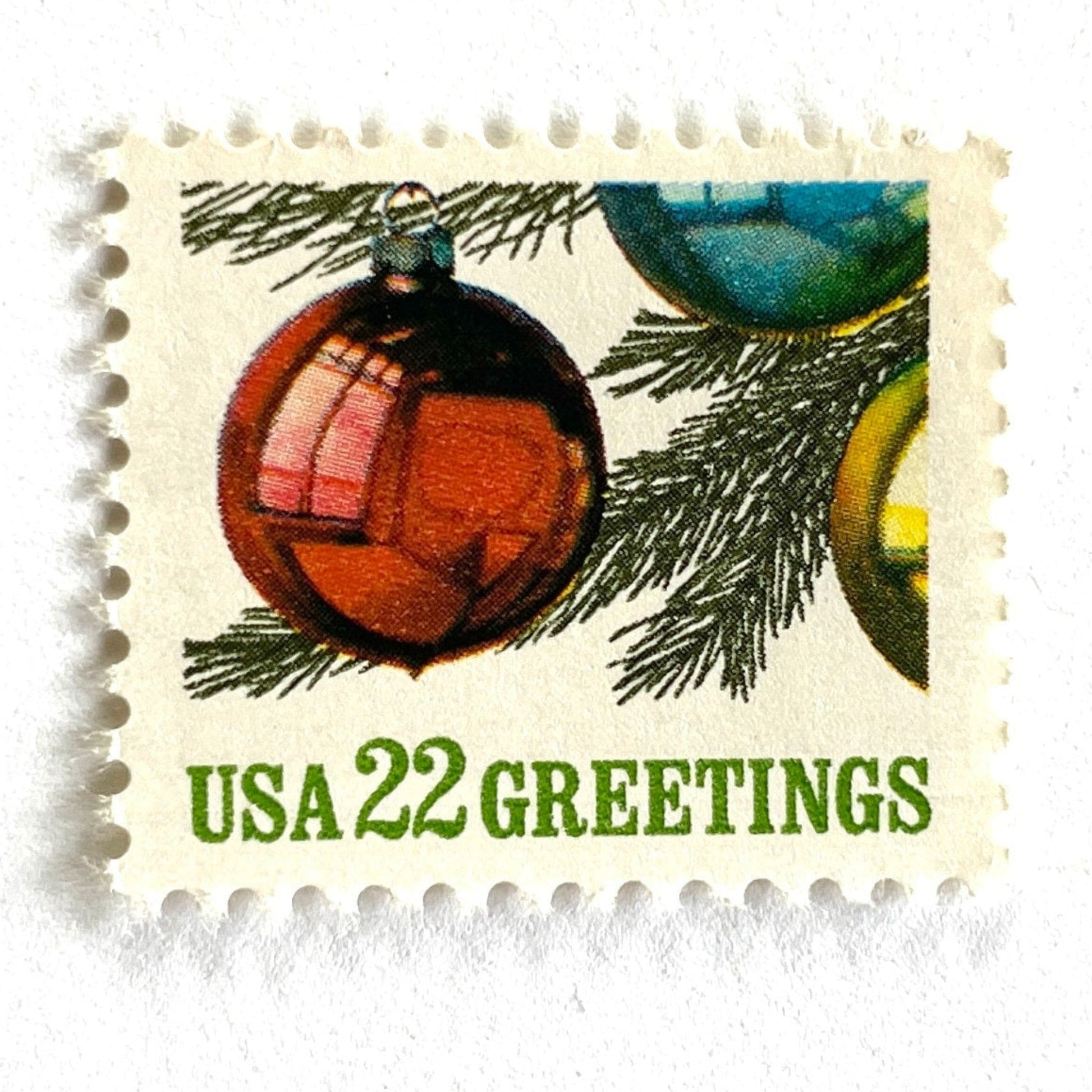 Image of 1987 Contemporary Christmas “Ornaments on Tree” 22-cent stamps. Scott #2368. Stamp Themes: Christmas Bulbs, Christmas Tree, Holidays, Greetings. Multicolored postage stamp