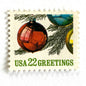 Image of 1987 Contemporary Christmas “Ornaments on Tree” 22-cent stamps. Scott #2368. Stamp Themes: Christmas Bulbs, Christmas Tree, Holidays, Greetings. Multicolored postage stamp