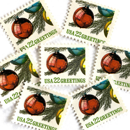 Image of 1987 Contemporary Christmas “Ornaments on Tree” 22-cent stamps. Scott #2368. Stamp Themes: Christmas Bulbs, Christmas Tree, Holidays, Greetings. Multicolored postage stamp