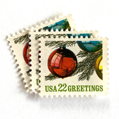 Image of 1987 Contemporary Christmas “Ornaments on Tree” 22-cent stamps. Scott #2368. Stamp Themes: Christmas Bulbs, Christmas Tree, Holidays, Greetings. Multicolored postage stamp