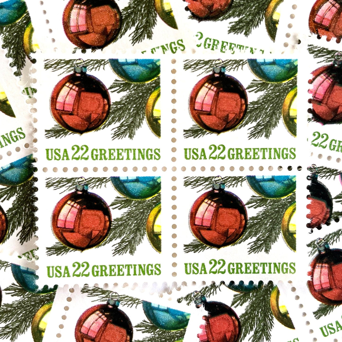 Image of 1987 Contemporary Christmas “Ornaments on Tree” 22-cent stamps. Scott #2368. Stamp Themes: Christmas Bulbs, Christmas Tree, Holidays, Greetings. Multicolored postage stamp
