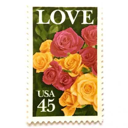 Pink & Yellow Roses postage stamp from 1988 featuring a bouquet of pink and yellow roses on vintage unused 45-cent USPS postage, Scott 2379.