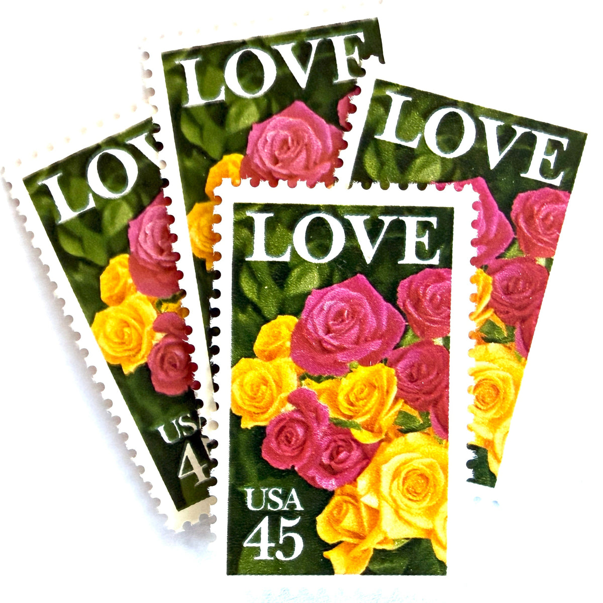Pink & Yellow Roses postage stamps from 1988 featuring a bouquet of pink and yellow roses on vintage unused 45-cent USPS postage, Scott 2379.