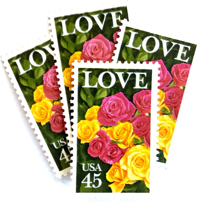 Pink & Yellow Roses postage stamps from 1988 featuring a bouquet of pink and yellow roses on vintage unused 45-cent USPS postage, Scott 2379.