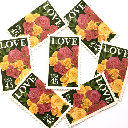 Pink & Yellow Roses postage stamps from 1988 featuring a bouquet of pink and yellow roses on vintage unused 45-cent USPS postage, Scott 2379.