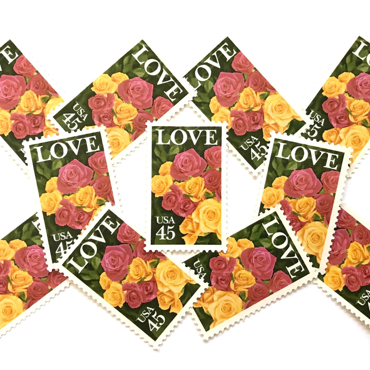 Pink & Yellow Roses postage stamps from 1988 featuring a bouquet of pink and yellow roses on vintage unused 45-cent USPS postage, Scott 2379.