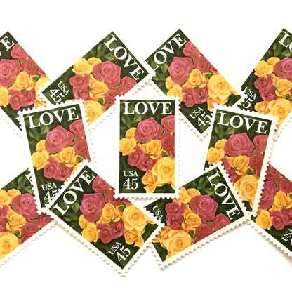 Pink & Yellow Roses postage stamps from 1988 featuring a bouquet of pink and yellow roses on vintage unused 45-cent USPS postage, Scott 2379.