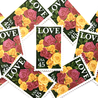 Pink & Yellow Roses postage stamps from 1988 featuring a bouquet of pink and yellow roses on vintage unused 45-cent USPS postage, Scott 2379.