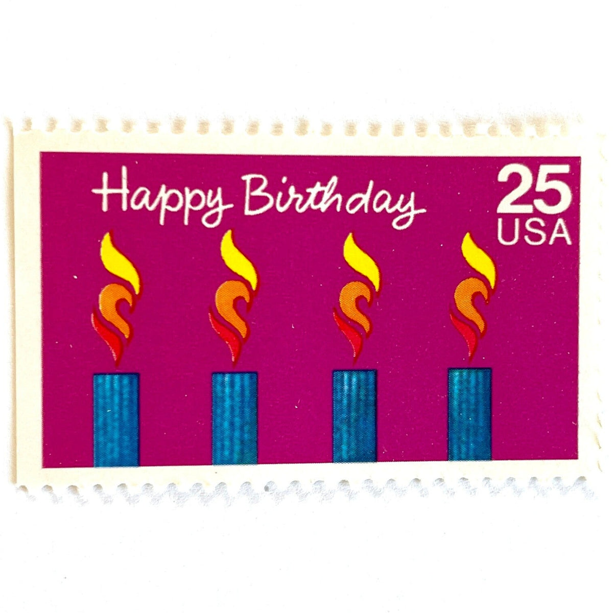 Happy Birthday postage stamps from 1988 featuring four colorful burning candles against a purple background on vintage unused 25-cent USPS postage, Scott 2395.