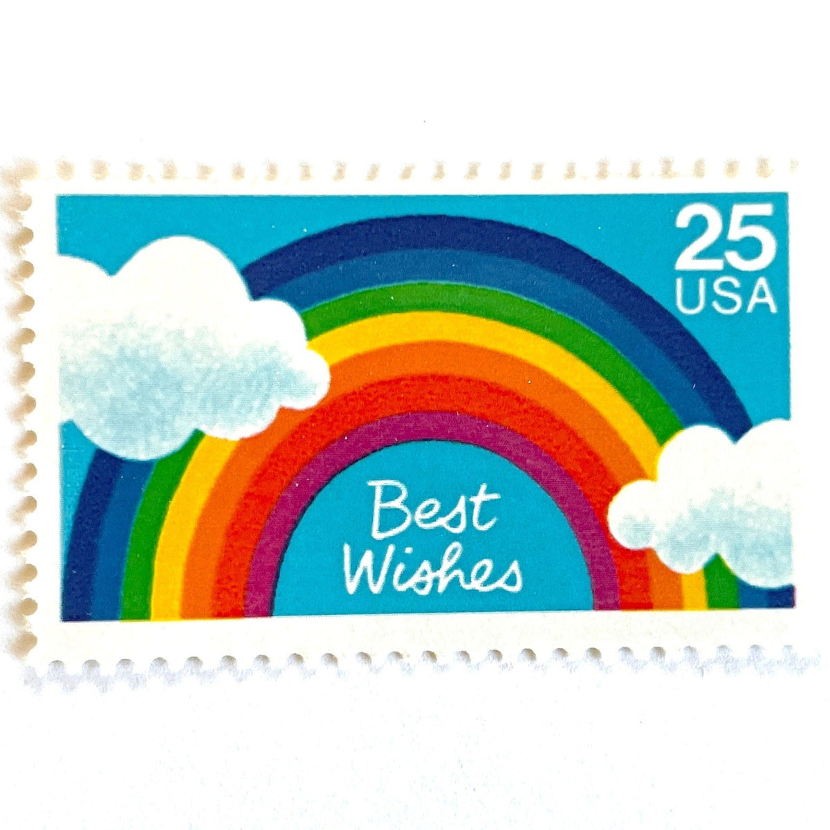 Best Wishes postage stamps from 1988 featuring a colorful rainbow against a bright blue sky on vintage unused 25-cent USPS postage, Scott 2396.