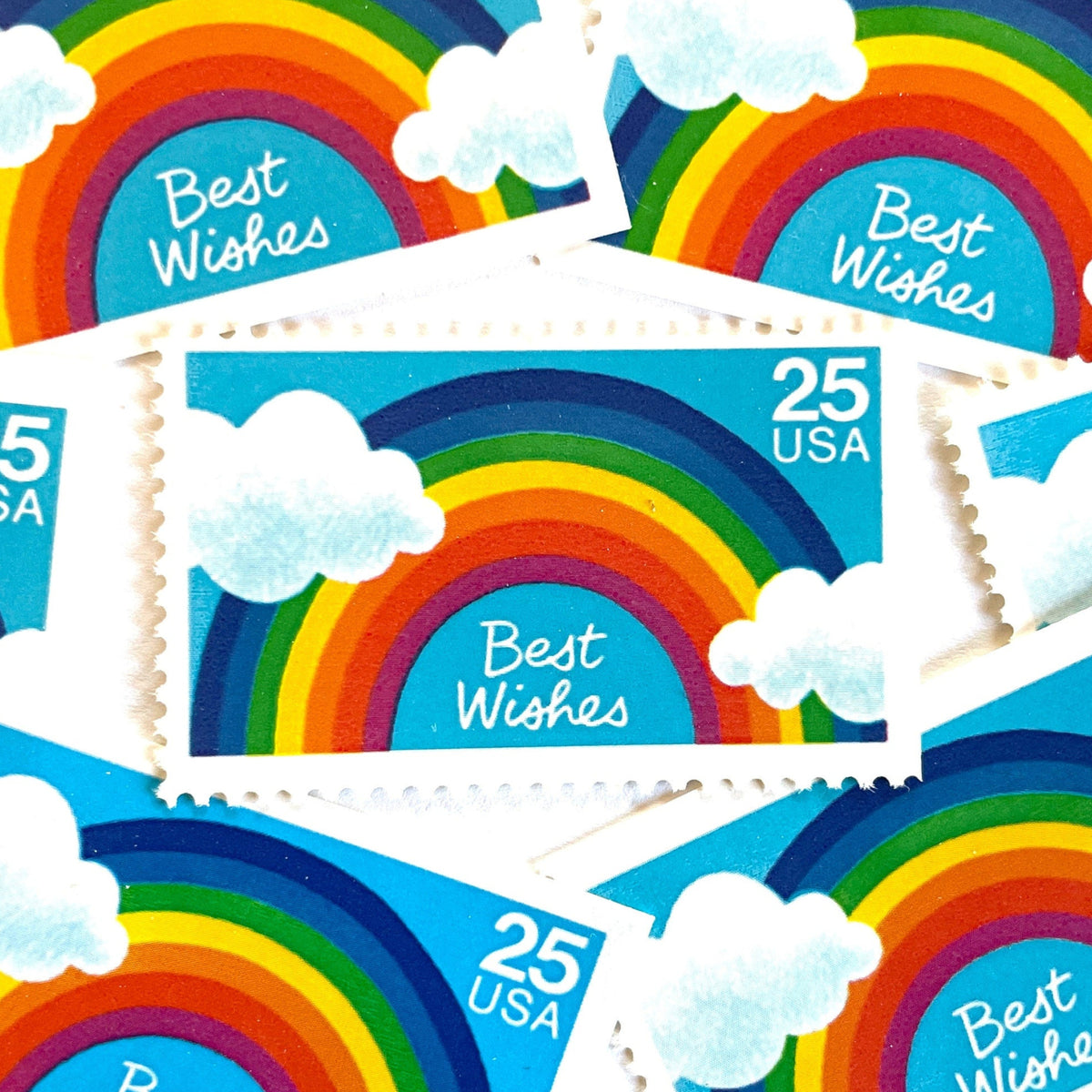 Best Wishes postage stamps from 1988 featuring a colorful rainbow against a bright blue sky on vintage unused 25-cent USPS postage, Scott 2396.