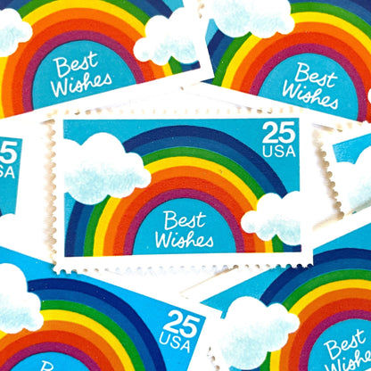 Best Wishes postage stamps from 1988 featuring a colorful rainbow against a bright blue sky on vintage unused 25-cent USPS postage, Scott 2396.
