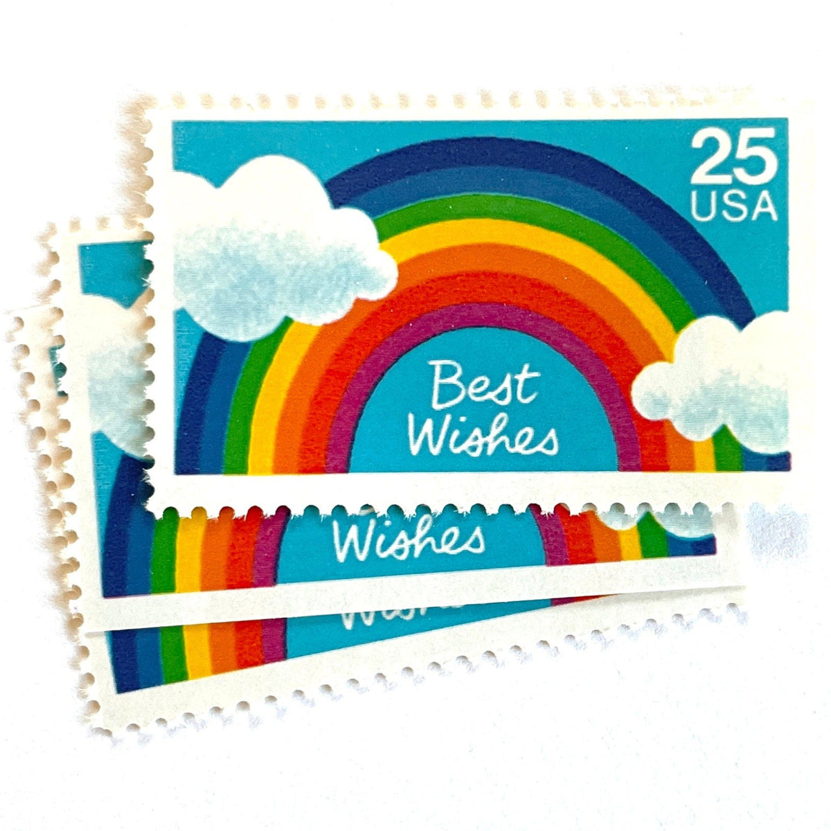 Best Wishes postage stamps from 1988 featuring a colorful rainbow against a bright blue sky on vintage unused 25-cent USPS postage, Scott 2396.